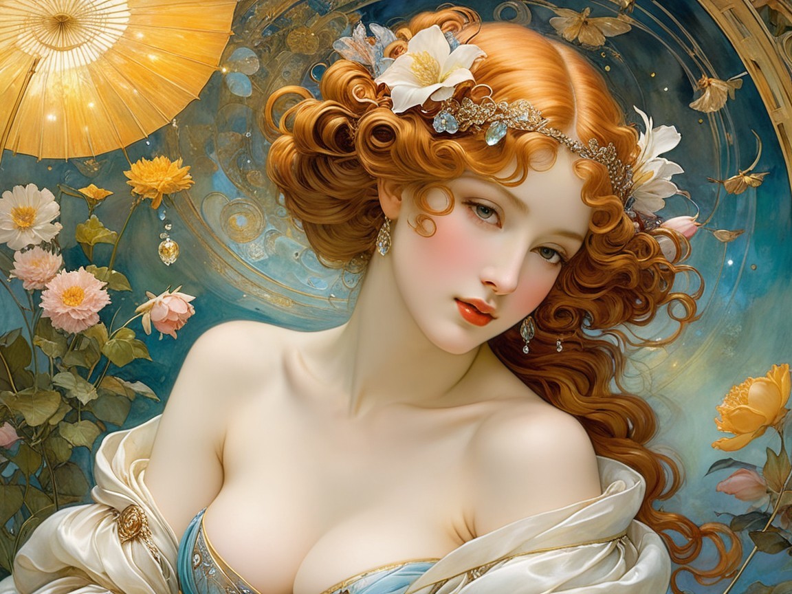 Stunning woman with red curls amid flowers and butterflies