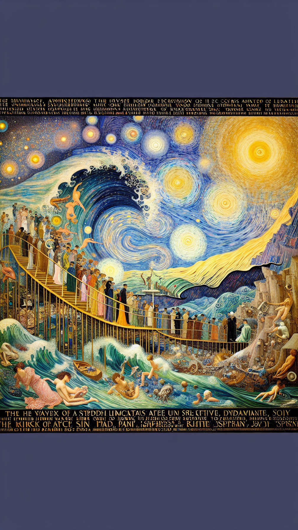 Vibrant Dreamlike Scene with Bridge and Ethereal Creatures