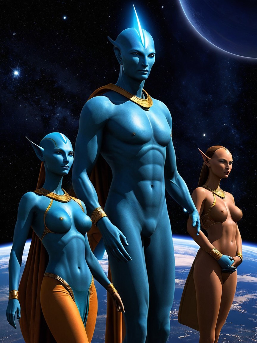 Tall Humanoid Figures in Cosmic Setting with Blue Skin