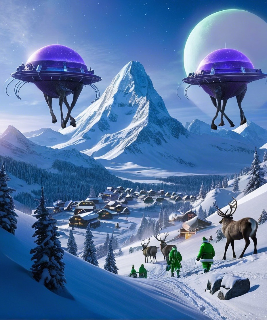 Futuristic Flying Saucers Over Snowy Village Scene