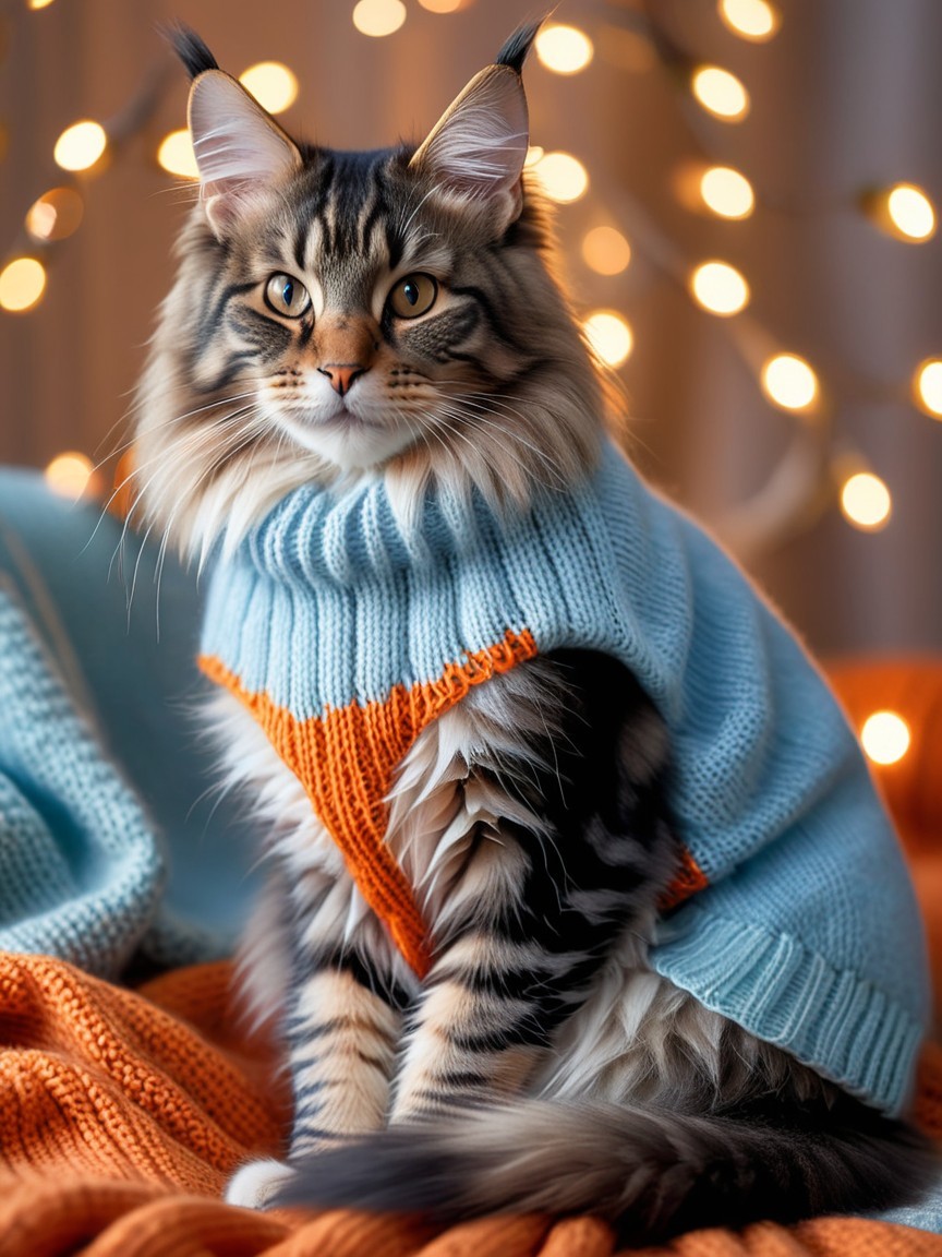 Maine Coon Cat in Cozy Sweater with Festive Background