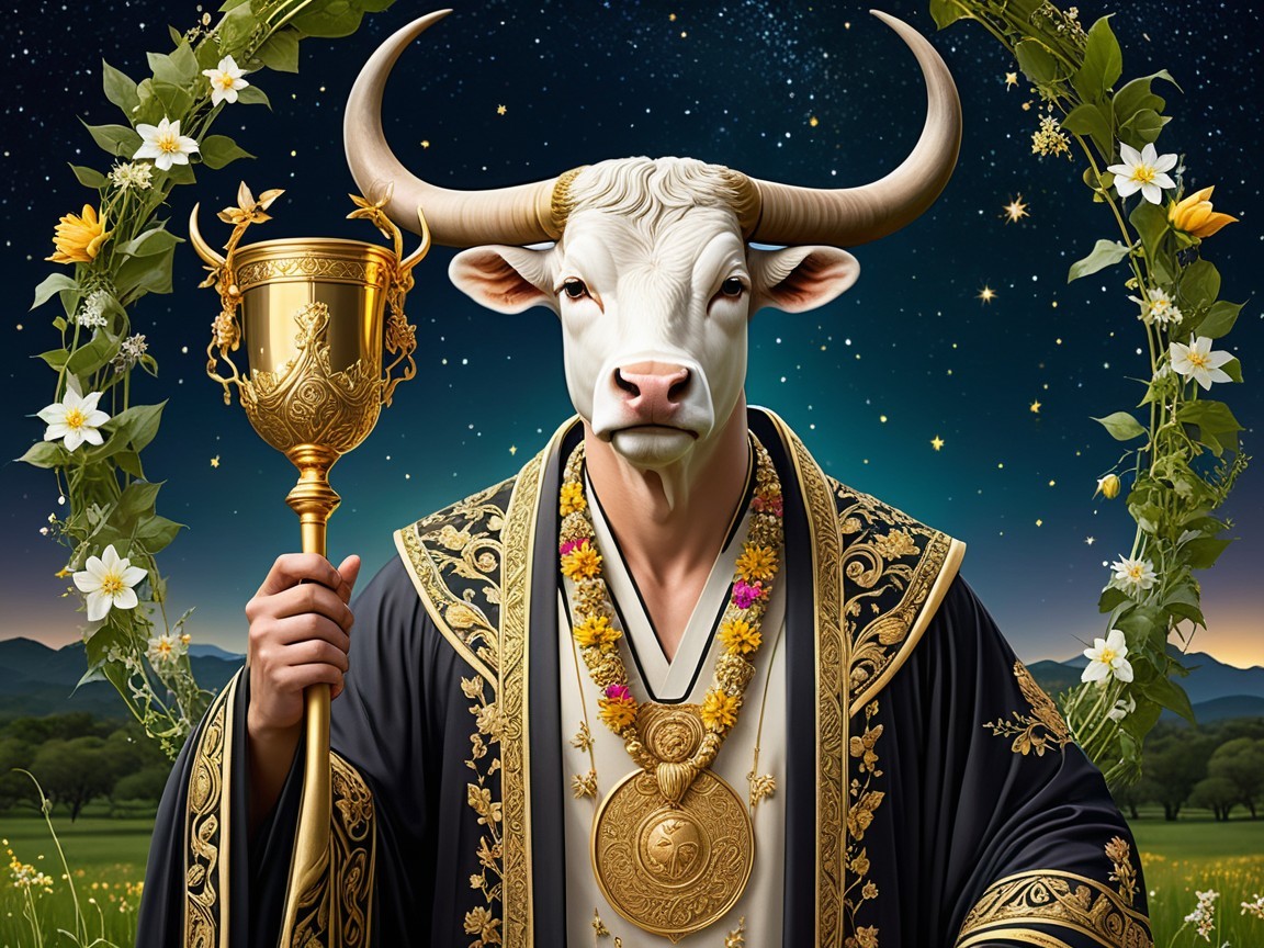 Regal Figure with Bull Head Against Starry Sky