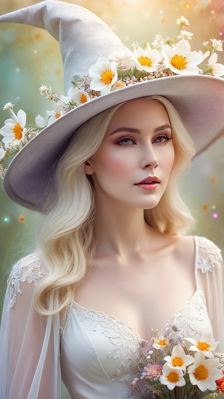 Whimsical Woman in Ethereal Gown with Floral Hat