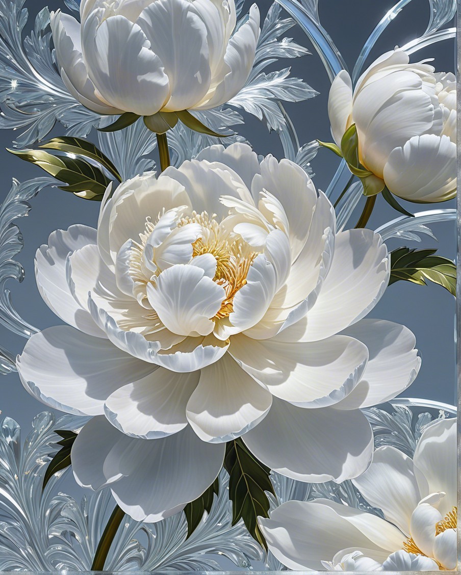 Elegant White Peonies with Silver Foliage and Patterns