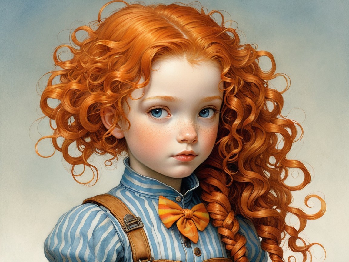 Young girl with curly red hair and blue eyes