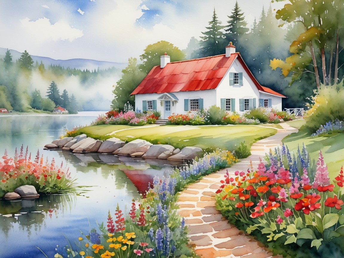 Charming White Cottage by Serene Lake with Flowers