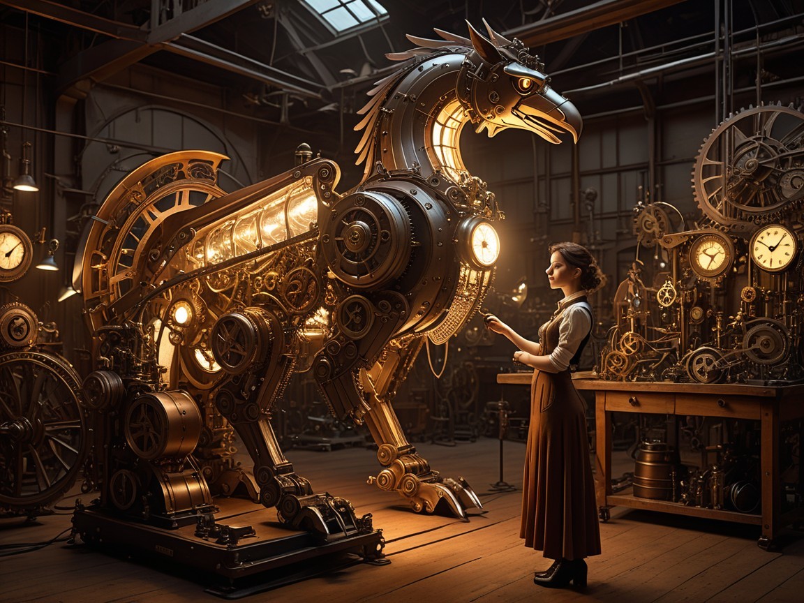 Steampunk Mechanical Horse in a Dimly Lit Workshop