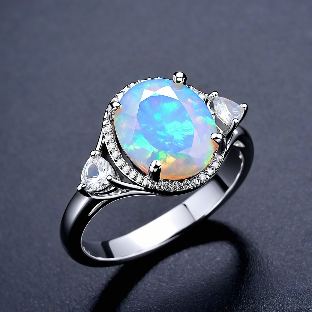 Elegant Silver Ring with Oval Opal and Diamonds