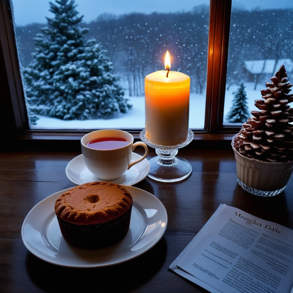 Cozy Winter Interior with Candle and Snowy View