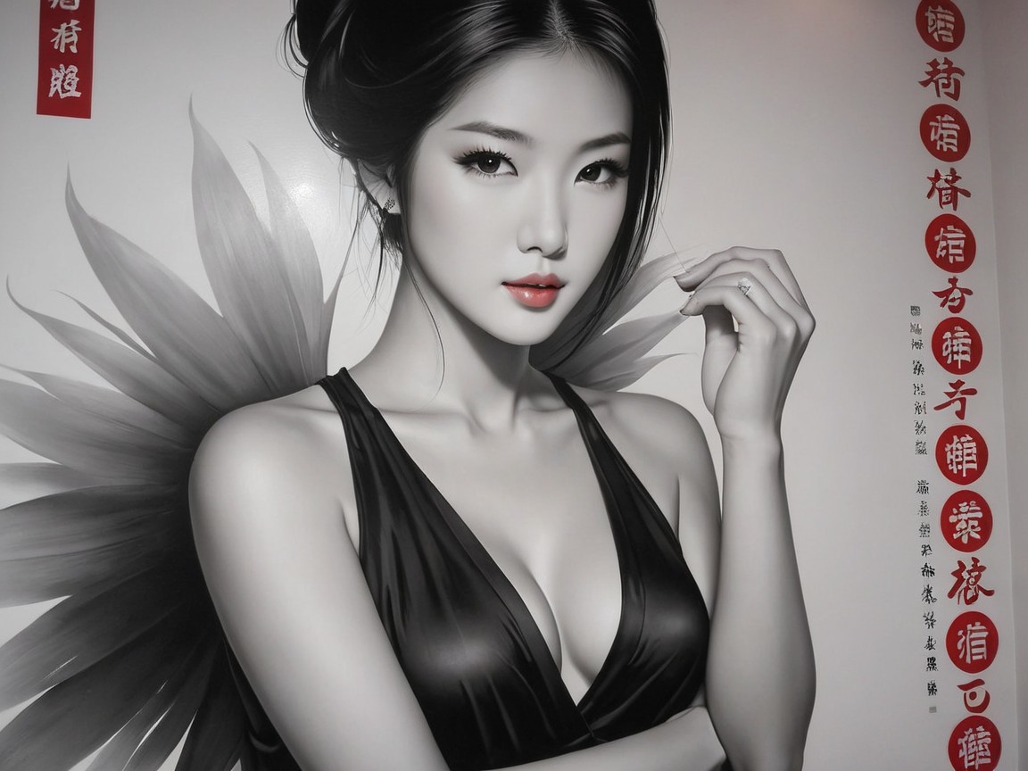 Black-and-white portrait of Asian woman with flower background