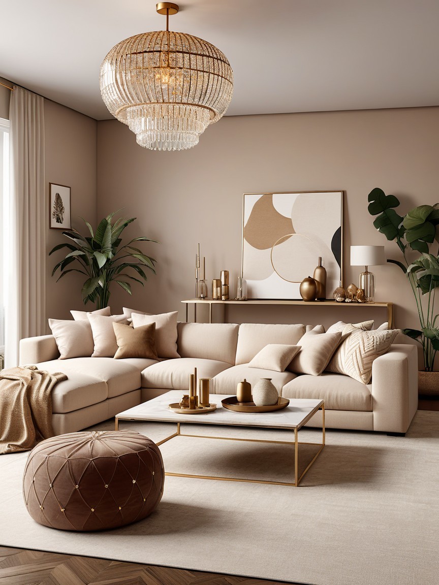 Stylish Living Room with Beige Sofa and Marble Table
