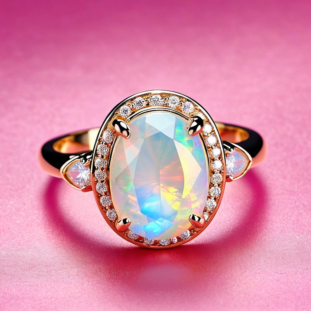Oval Opal Ring with Diamond Halo and Gold Band