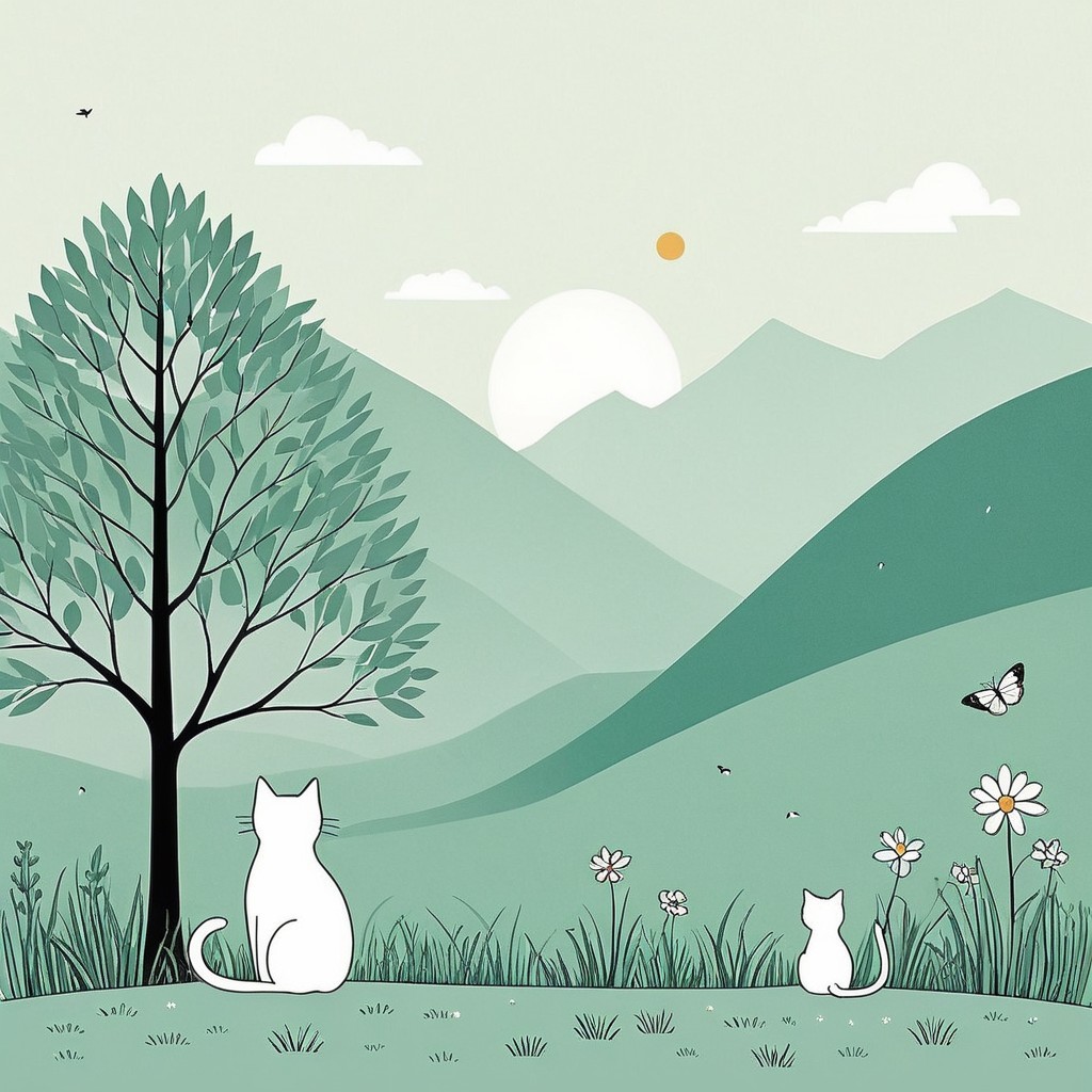 Serene Landscape with Cats and Sunrise Over Mountains