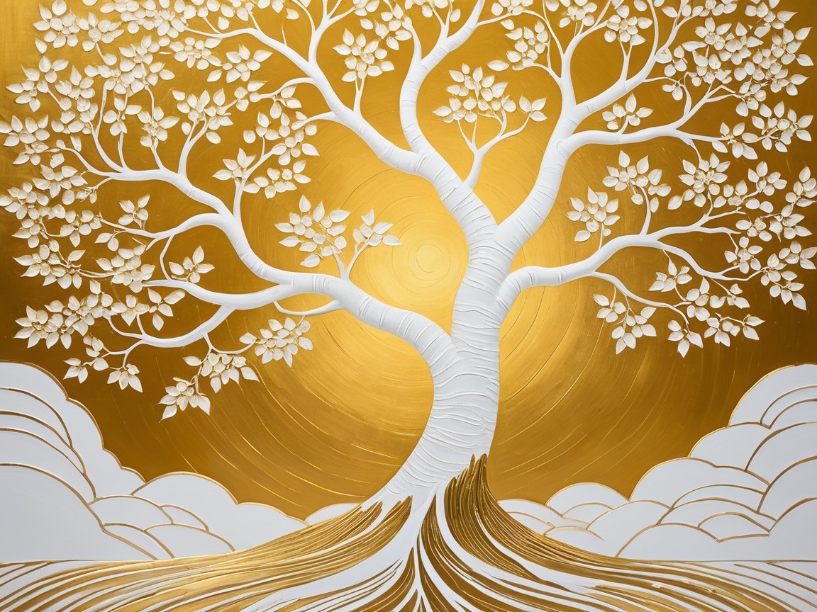 Golden Background with Stylized White Tree Artwork