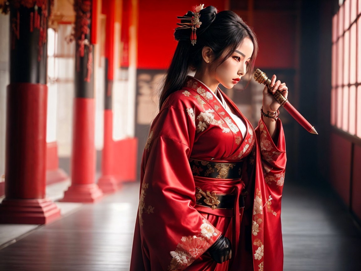Woman in Red Kimono with Decorative Sword in Room