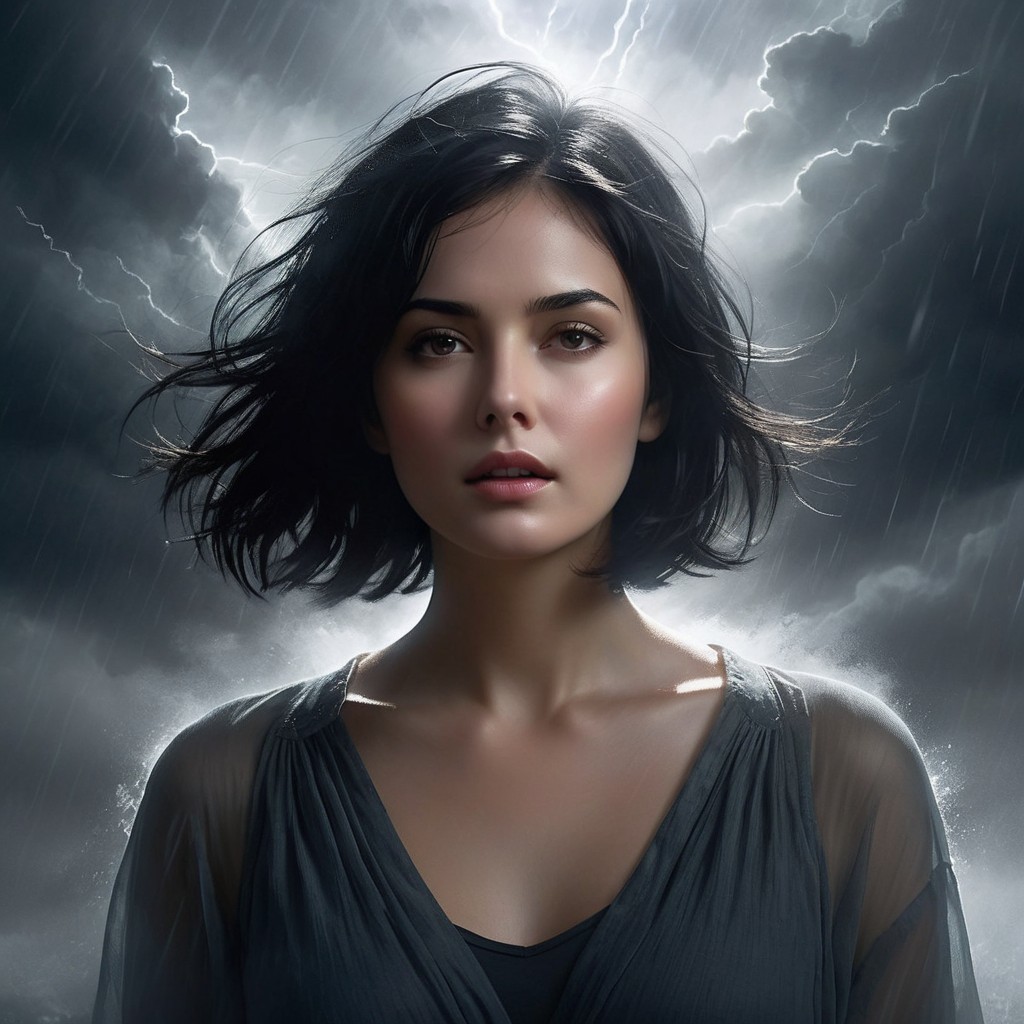 Young woman in sheer garment against stormy backdrop
