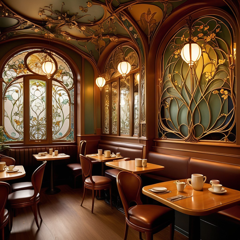 Ornate café interior with stained glass and woodwork