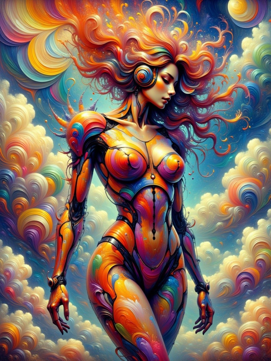 Surreal Humanoid Figure with Colorful Patterns and Hair