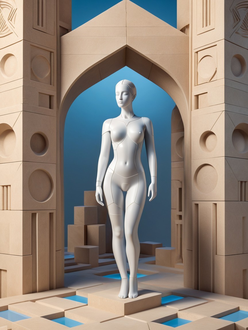 Stylized Mannequin in Ornate Archway with Patterns