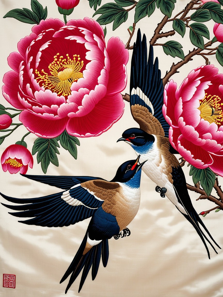 Embroidery of Swallows with Pink Peonies Design