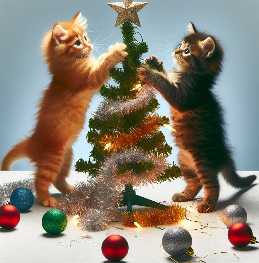 Fluffy Kittens Decorating Miniature Christmas Tree