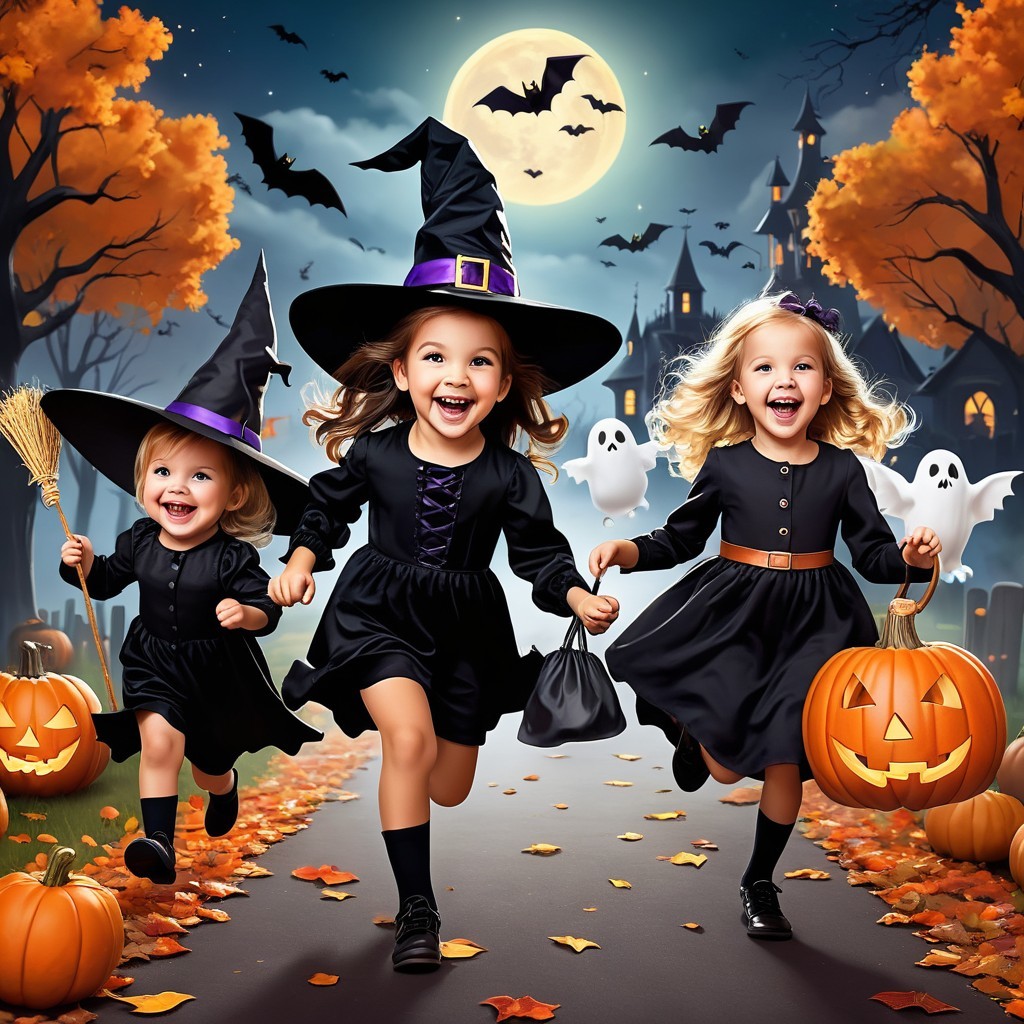 Cheerful girls in witch costumes on a Halloween path