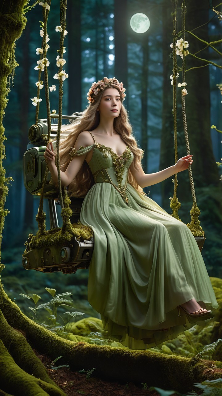 Moonlit Forest Scene with a Young Woman on a Swing