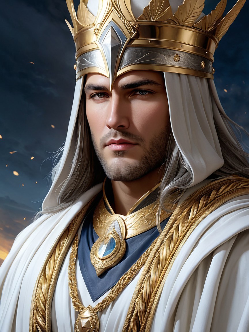 Regal figure in white robes and golden crown with sky