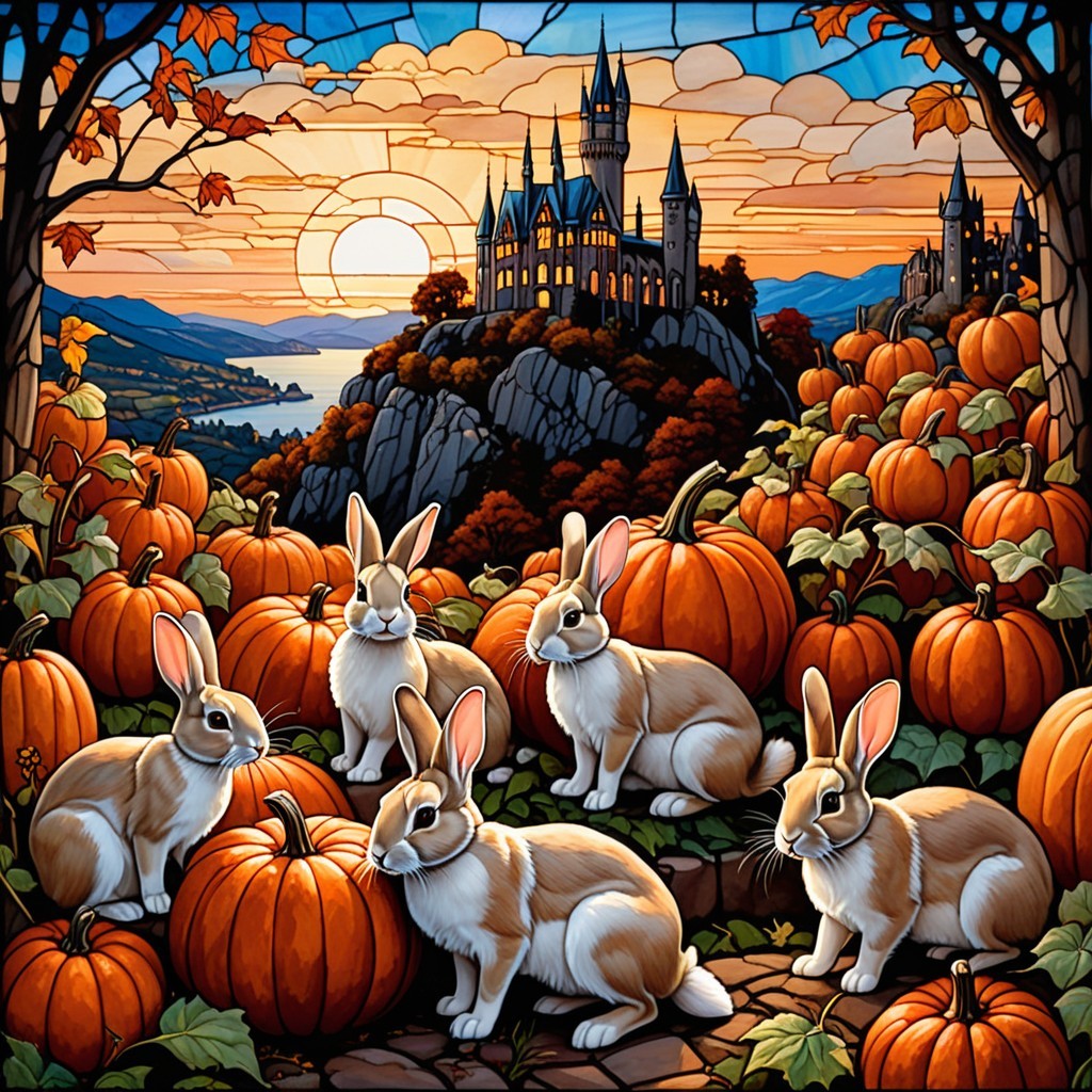Autumn Scene with Rabbits in Pumpkin Patch and Castle