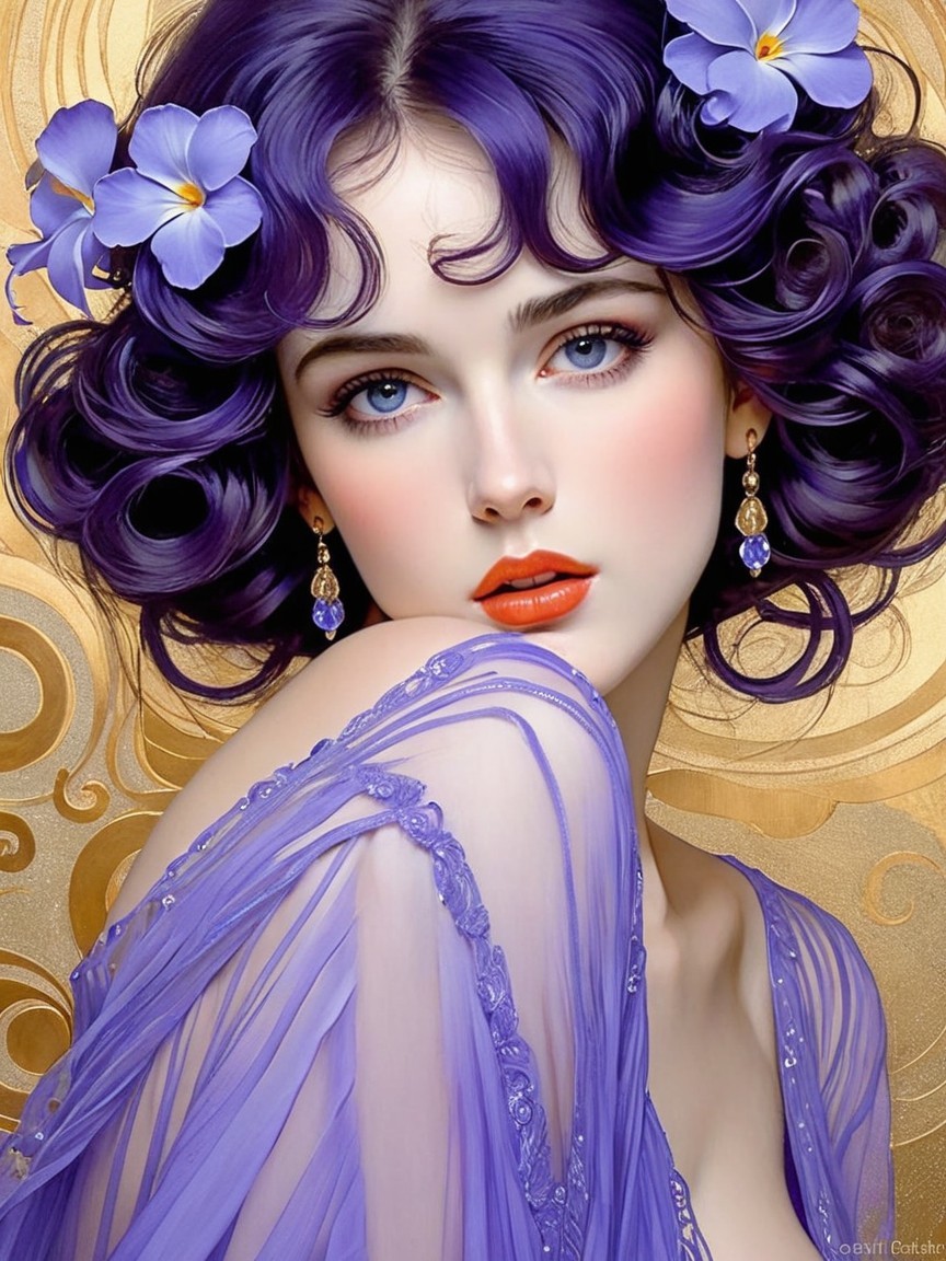 Portrait of a Young Woman with Purple Hair and Flowers