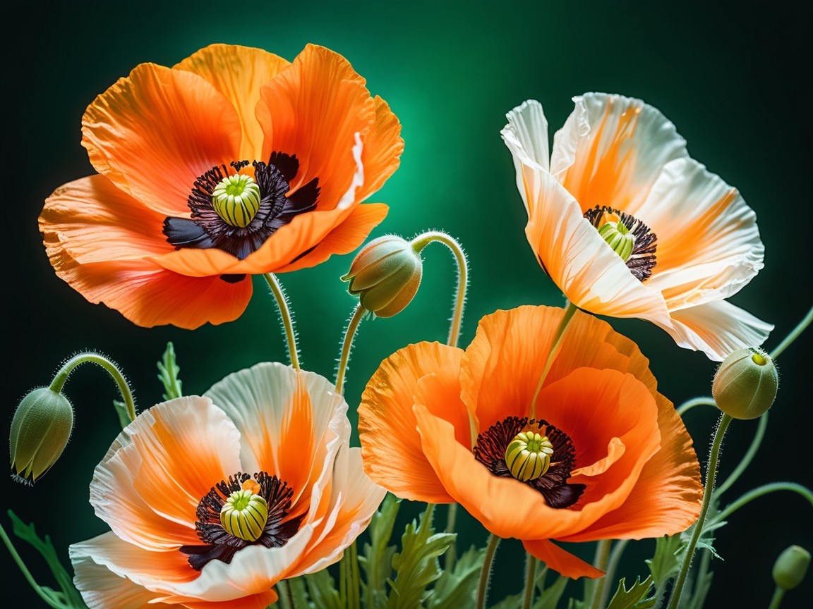 Vibrant Orange and White Poppies with Green Foliage
