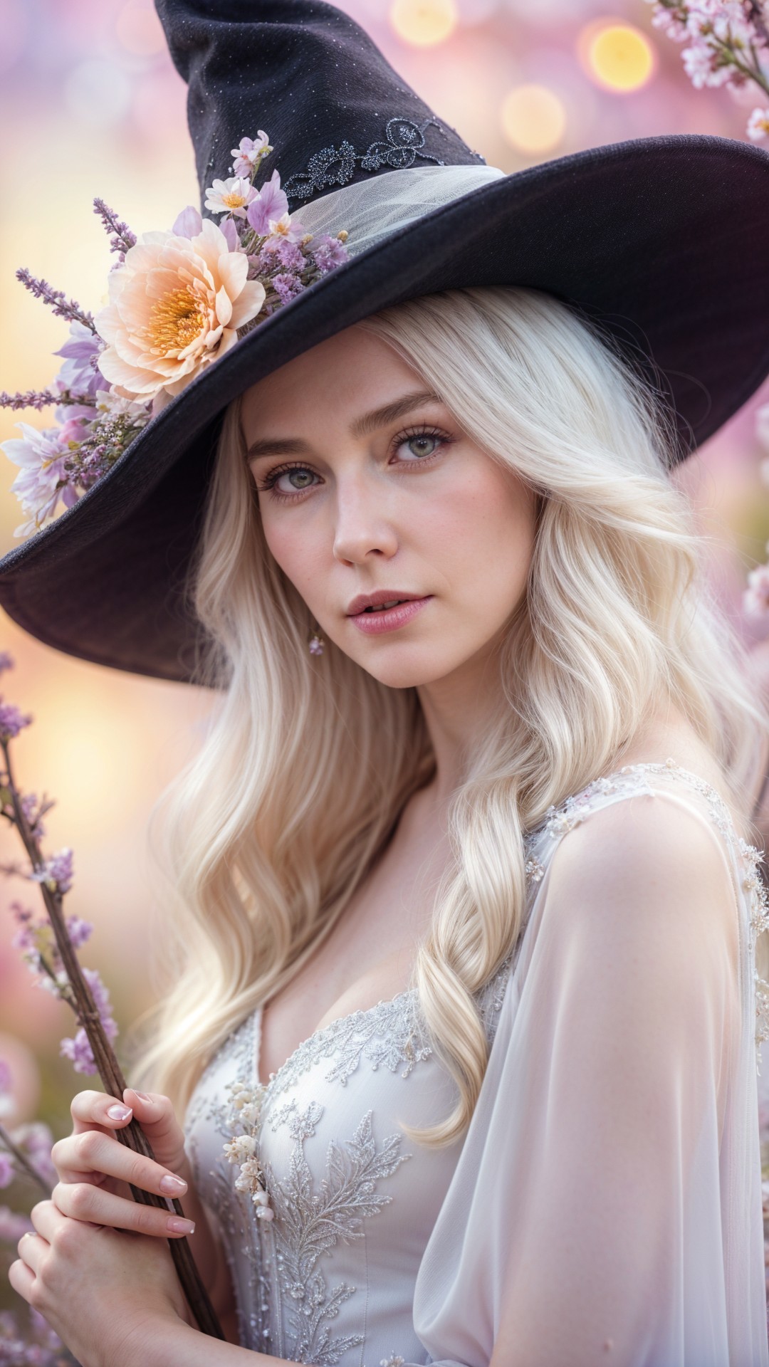 Young woman in floral hat among a dreamy garden