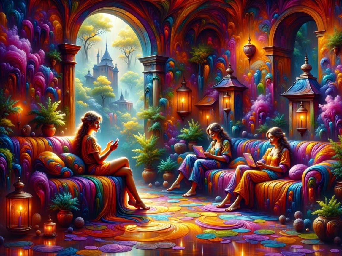 Three Women in Colorful Room with Lush Greenery