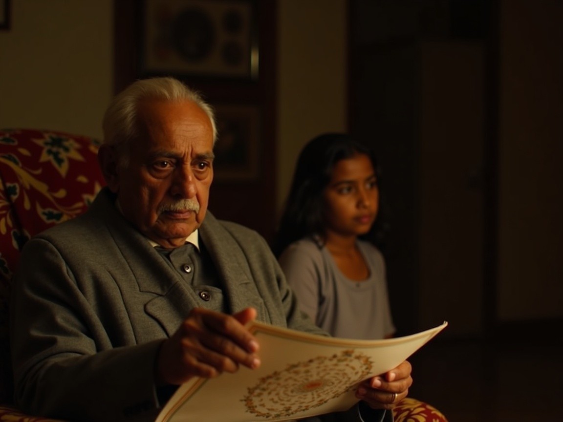 Elderly man reading in patterned armchair with girl