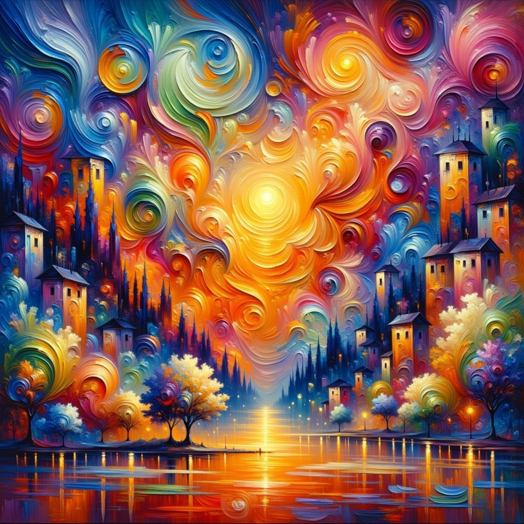 Vibrant Landscape with Colorful Sun and Whimsical Trees