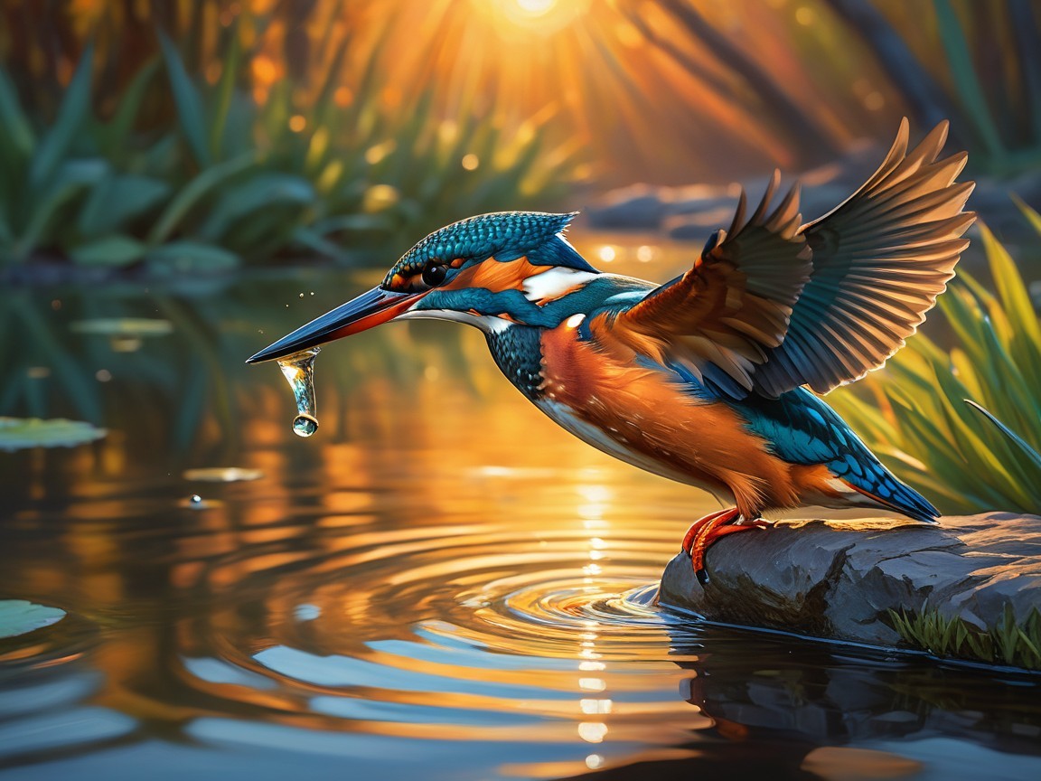 Kingfisher with Fish by Shimmering Pond at Dawn