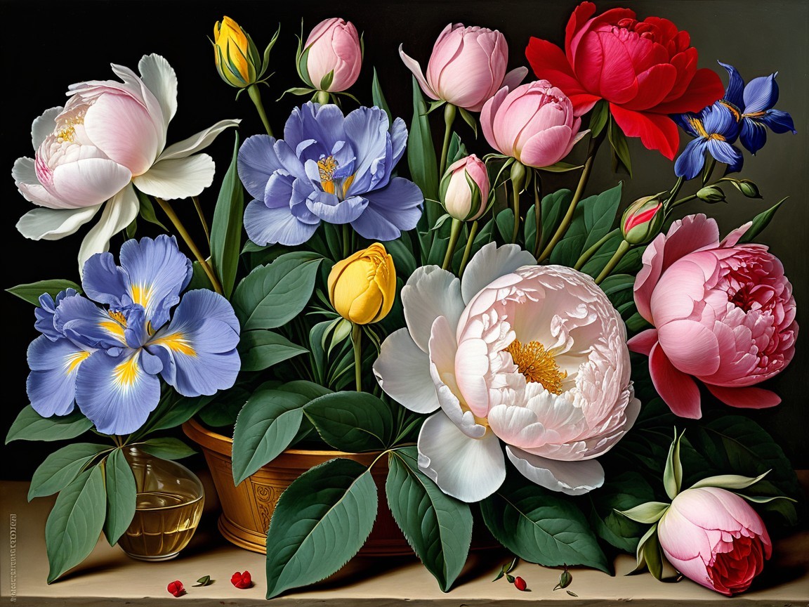 Vibrant Flower Bouquet in Decorative Vase with Leaves