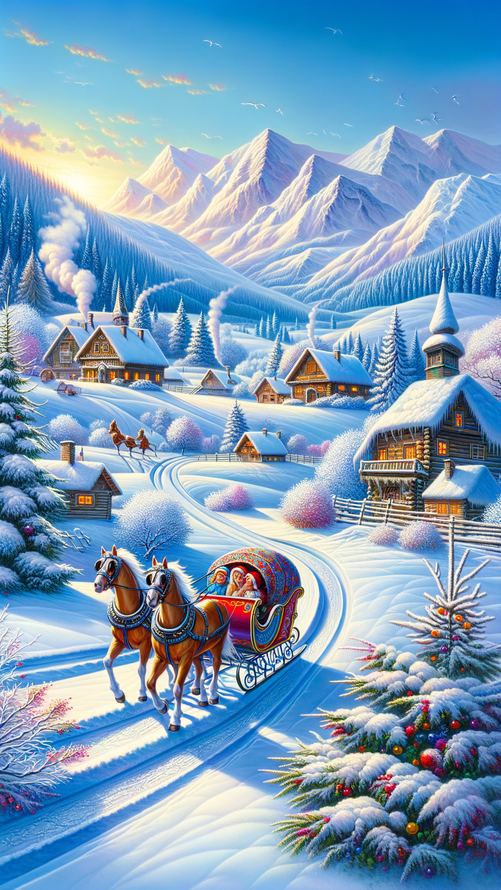 Winter Village Landscape with Snowy Mountains and Sleigh