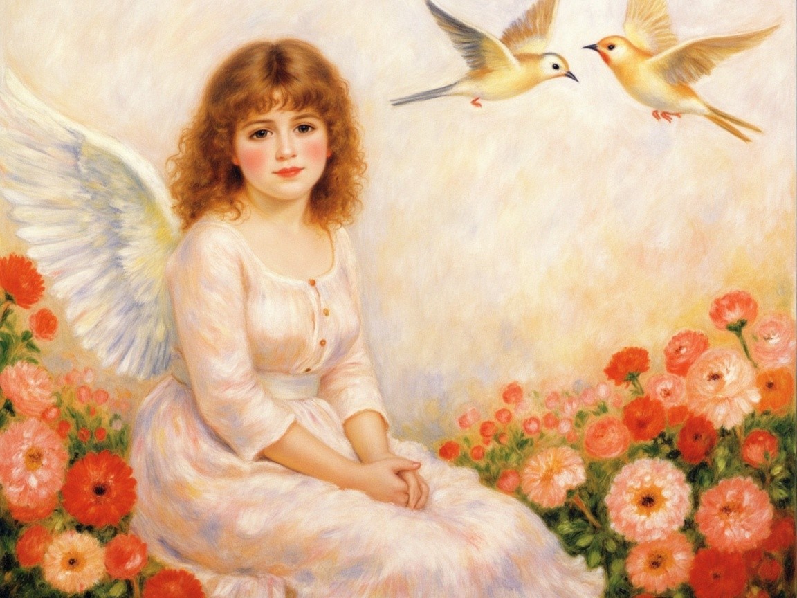 Serene Young Girl with Wings Surrounded by Flowers