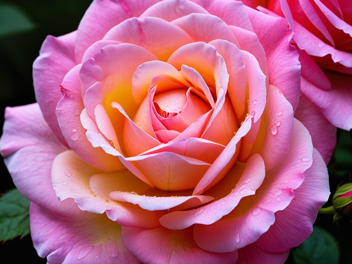 Close-up of a blooming rose with pink and peach petals