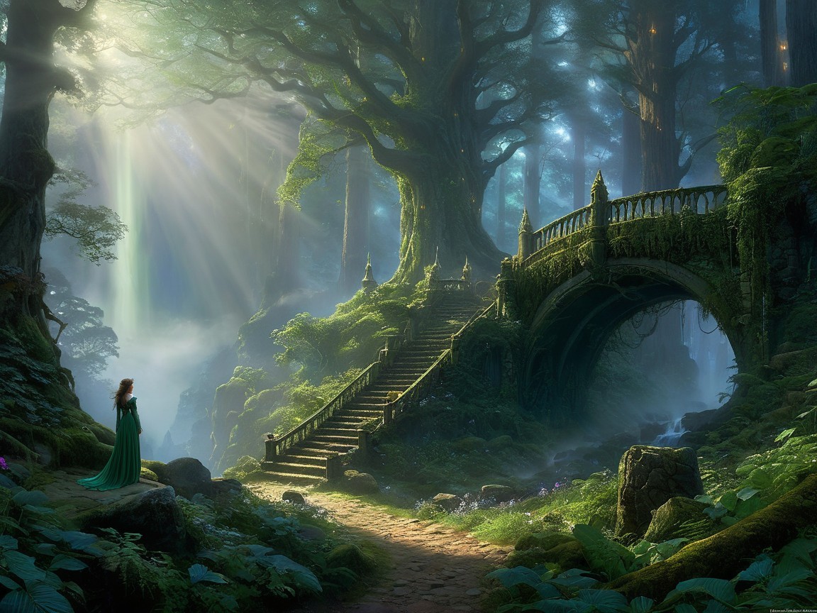 Mystical Forest with Grand Stone Bridge and Lush Greenery