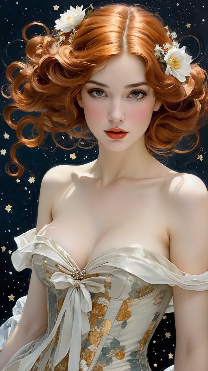Young woman with red hair in floral gown under stars