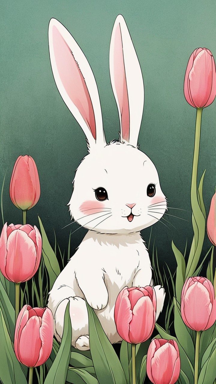 Cartoon White Rabbit Surrounded by Pink Tulips