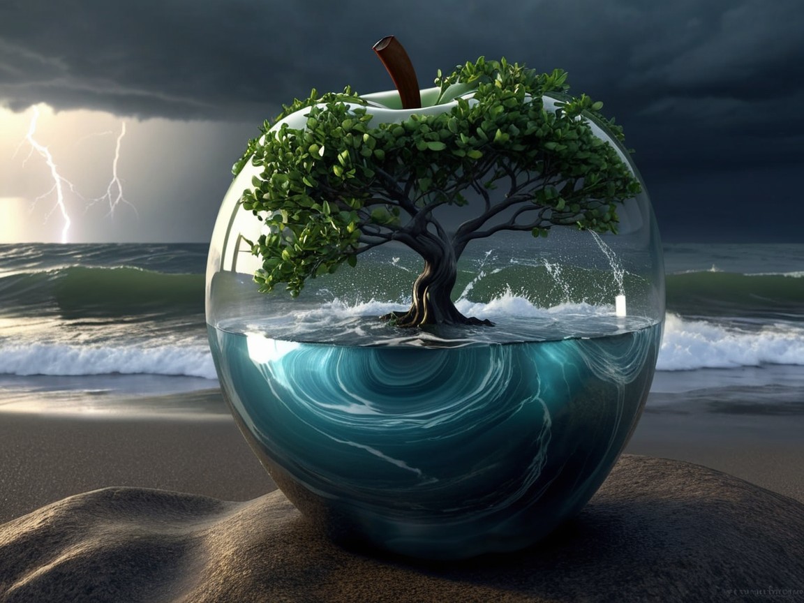 Surreal Scene of Transparent Apple with Miniature Tree