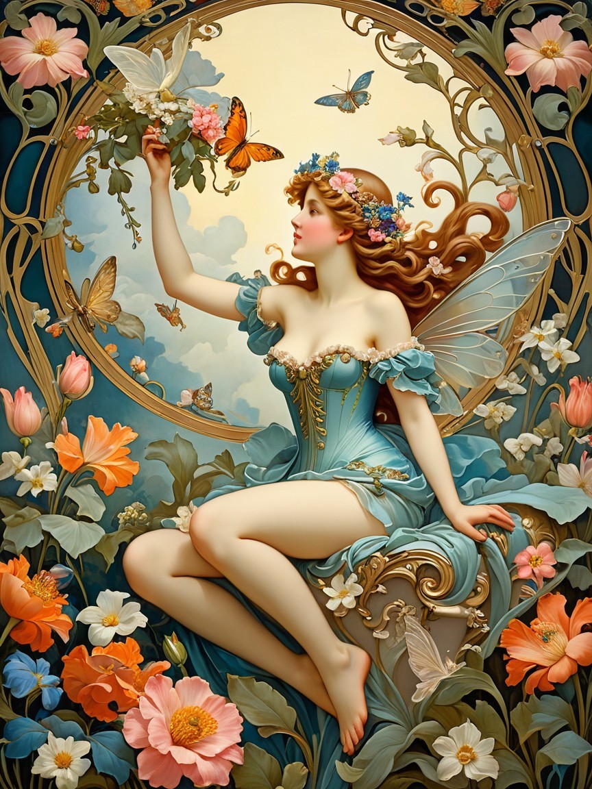 Whimsical Fairy in a Vibrant Floral Setting