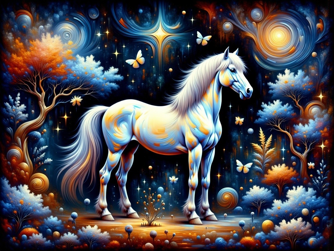 Majestic White Horse in Cosmic Fantasy Landscape