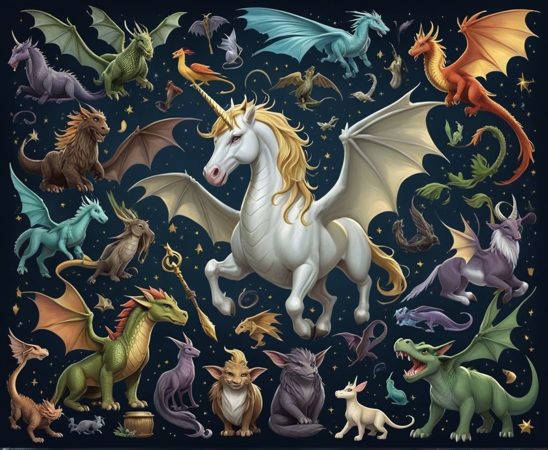 Whimsical Scene of Fantastical Creatures and Unicorn