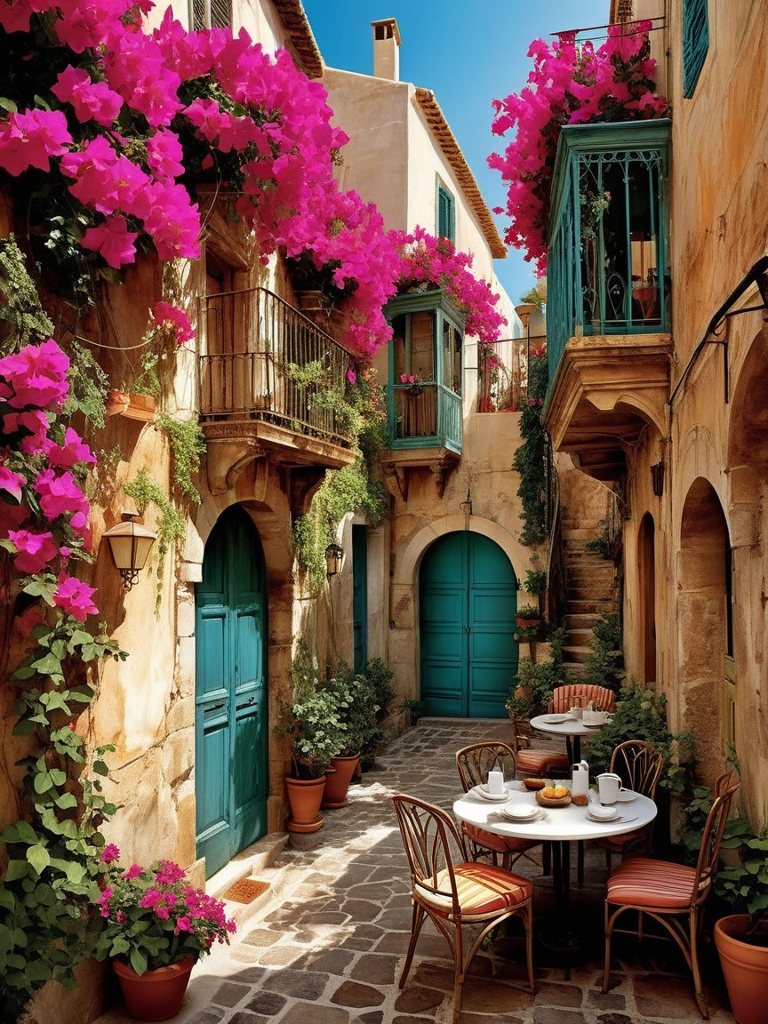 Charming Mediterranean Courtyard with Bougainvillea