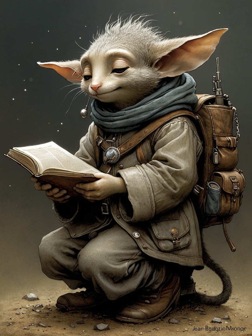 Whimsical creature reading in a cozy atmosphere