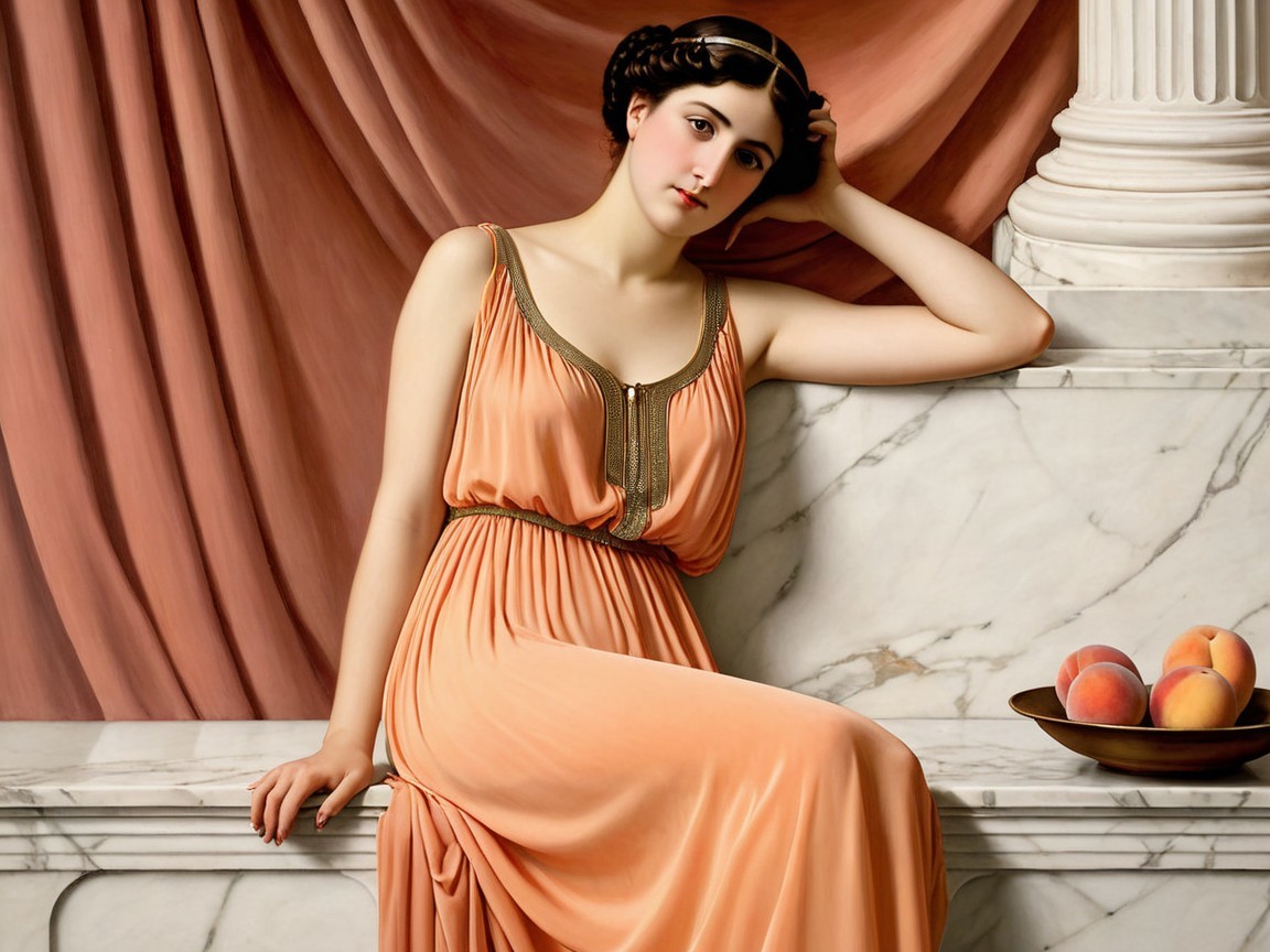 Elegant Woman in Peach Gown with Marble Backdrop